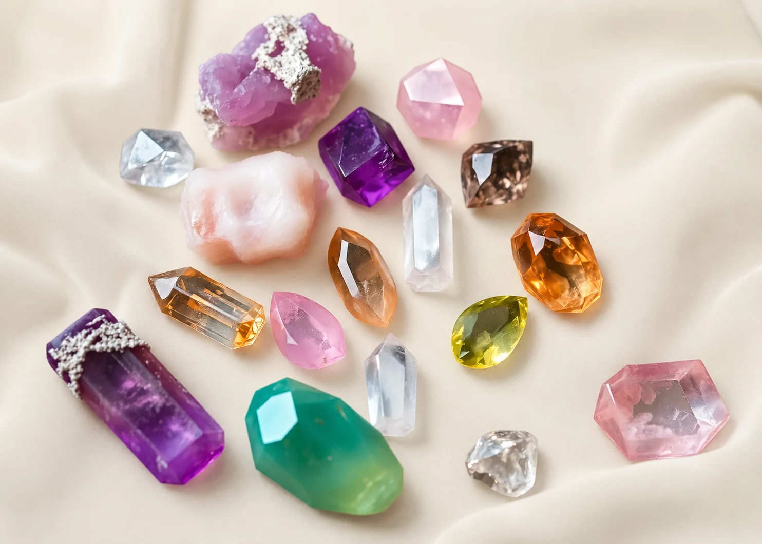Healing crystals arranged on green velvet