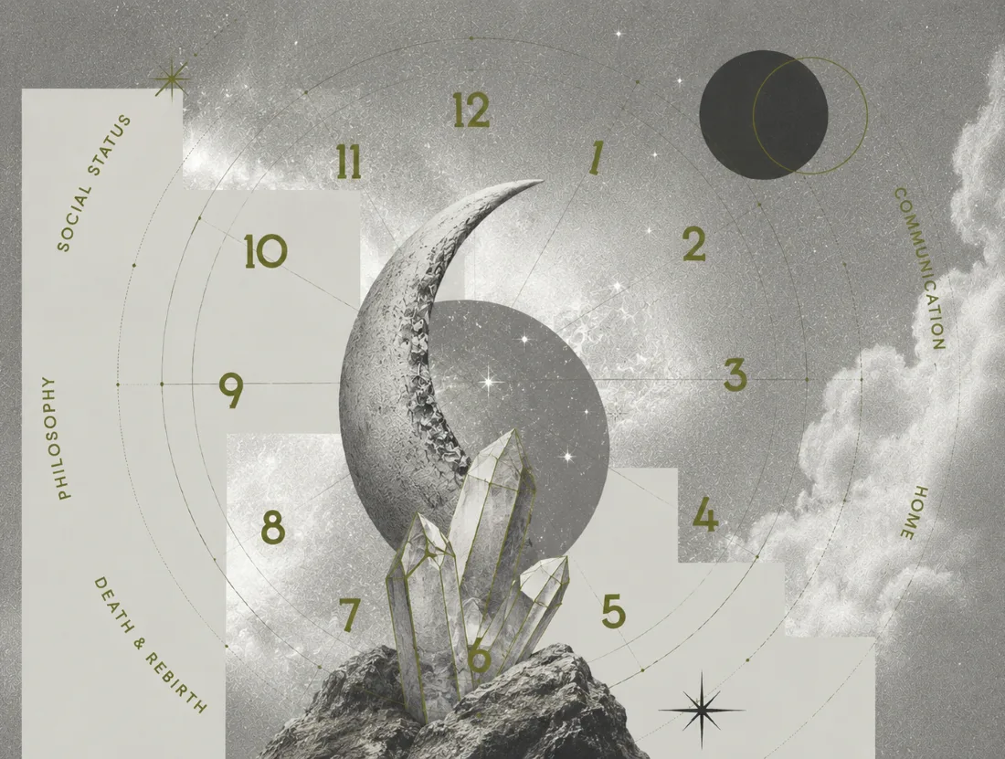 Celestial sanctuary artwork with moon, crystals and cosmic symbols